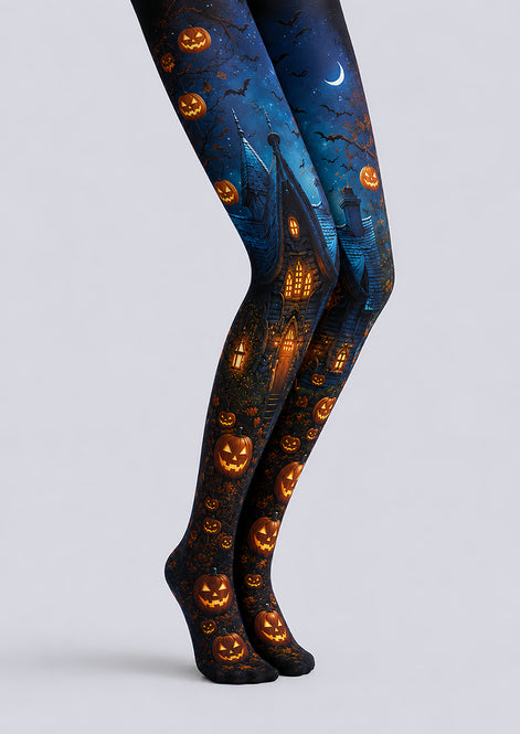 Haunted Pumpkin Cottage Halloween Patterned Tights L67-10