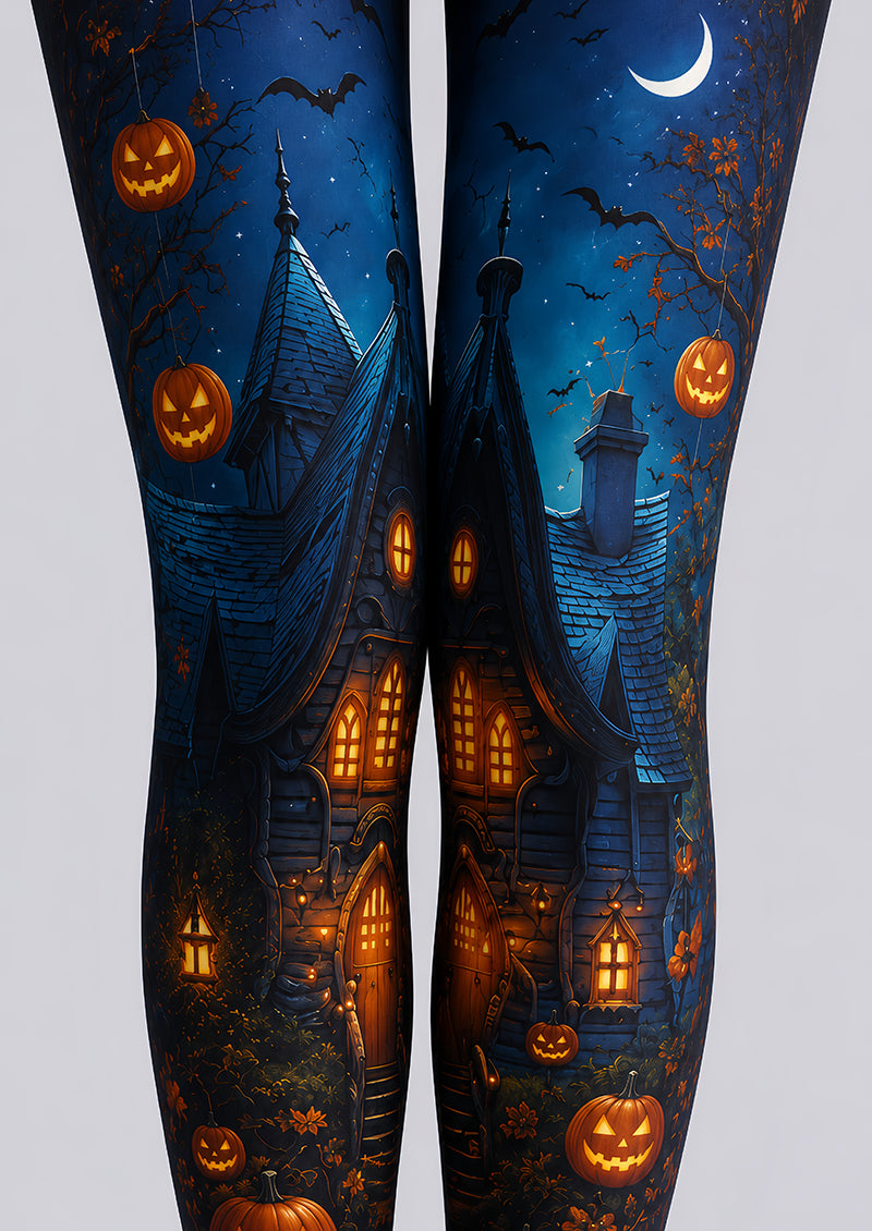 Haunted Pumpkin Cottage Halloween Patterned Tights L67-10