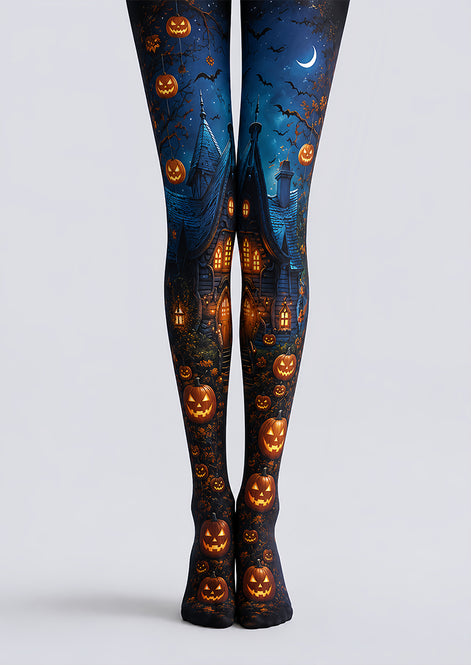 Haunted Pumpkin Cottage Halloween Patterned Tights L67-10