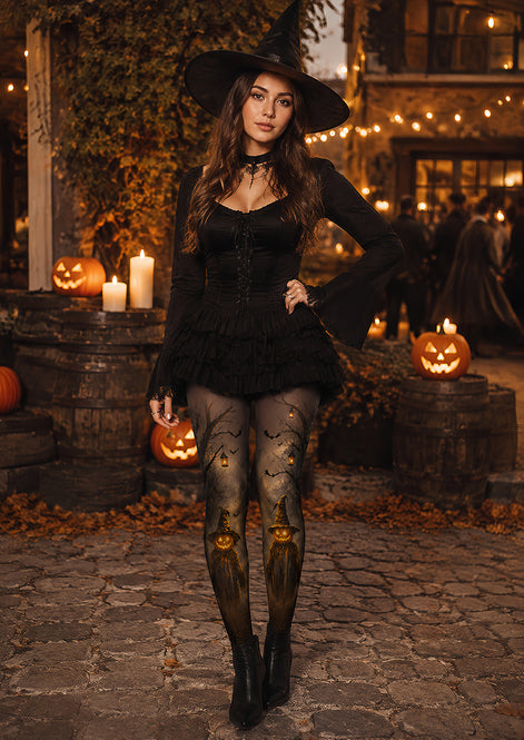 Pumpkin Scarecrow Halloween Party Black Tights L67-19