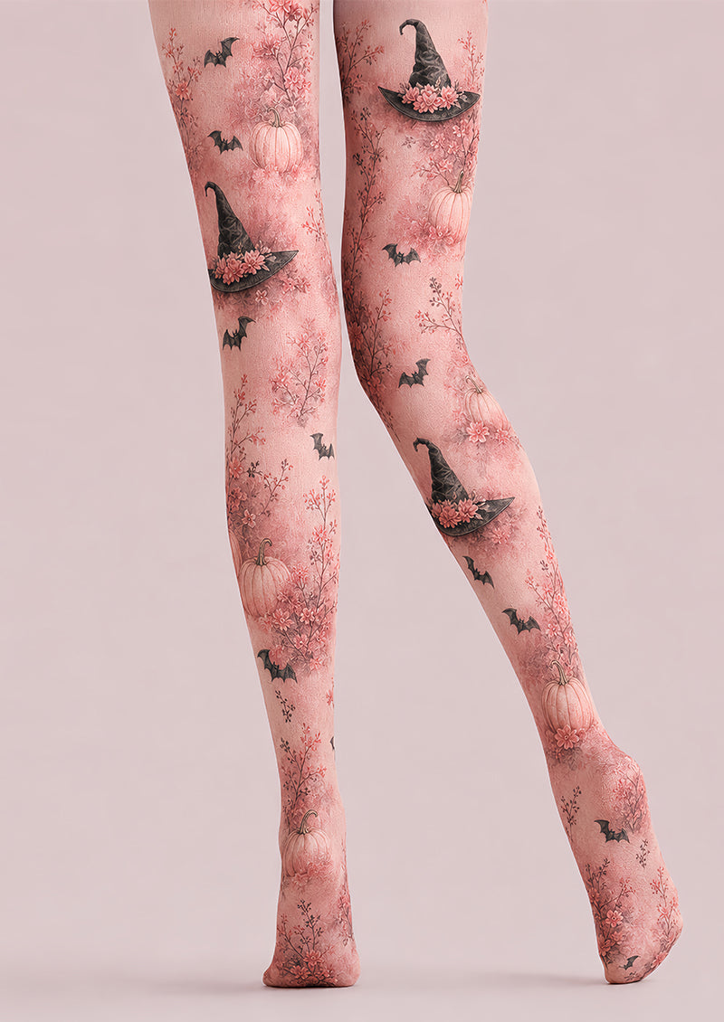 Pink Witch Hat Pumpkin Halloween Patterned Tights L67-2