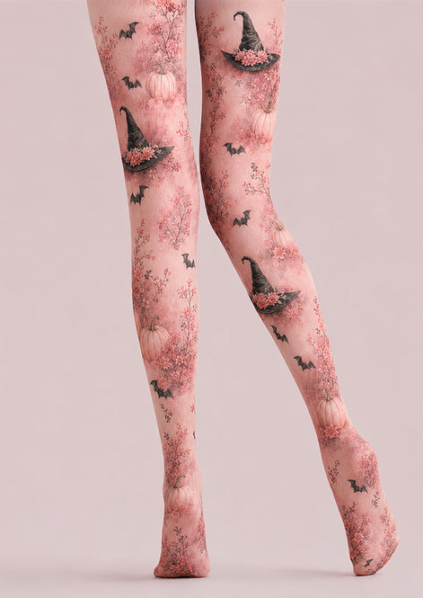 Pink Witch Hat Pumpkin Halloween Patterned Tights L67-2