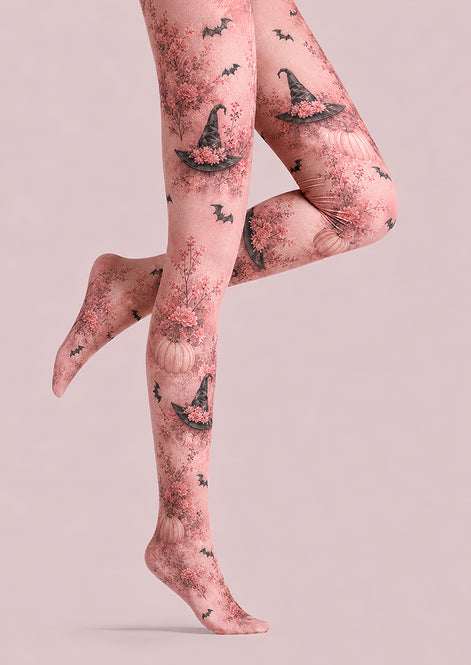 Pink Witch Hat Pumpkin Halloween Patterned Tights L67-2