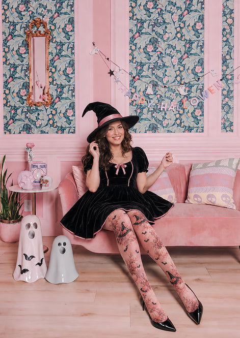 Pink Witch Hat Pumpkin Halloween Patterned Tights L67-2