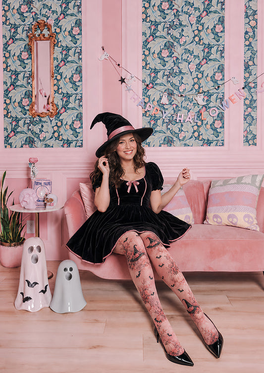 Pink Witch Hat Pumpkin Halloween Patterned Tights L67-2
