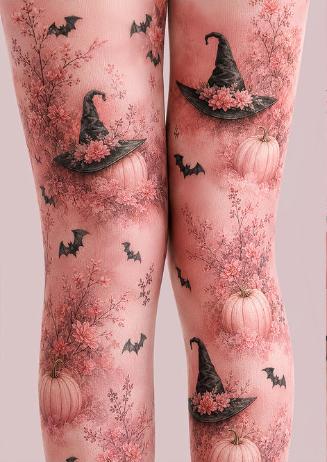 Pink Witch Hat Pumpkin Halloween Patterned Tights L67-2