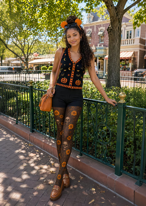 Halloween Skull Floral Tights Gothic Pattern Pantyhose L67-20