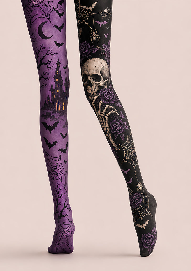 Gothic Halloween Tights Purple Skull Rose Pattern Pantyhose L67-22