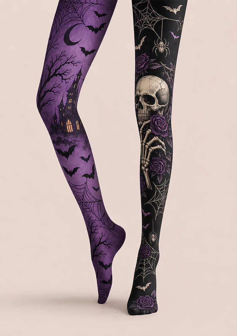 Gothic Halloween Tights Purple Skull Rose Pattern Pantyhose L67-22