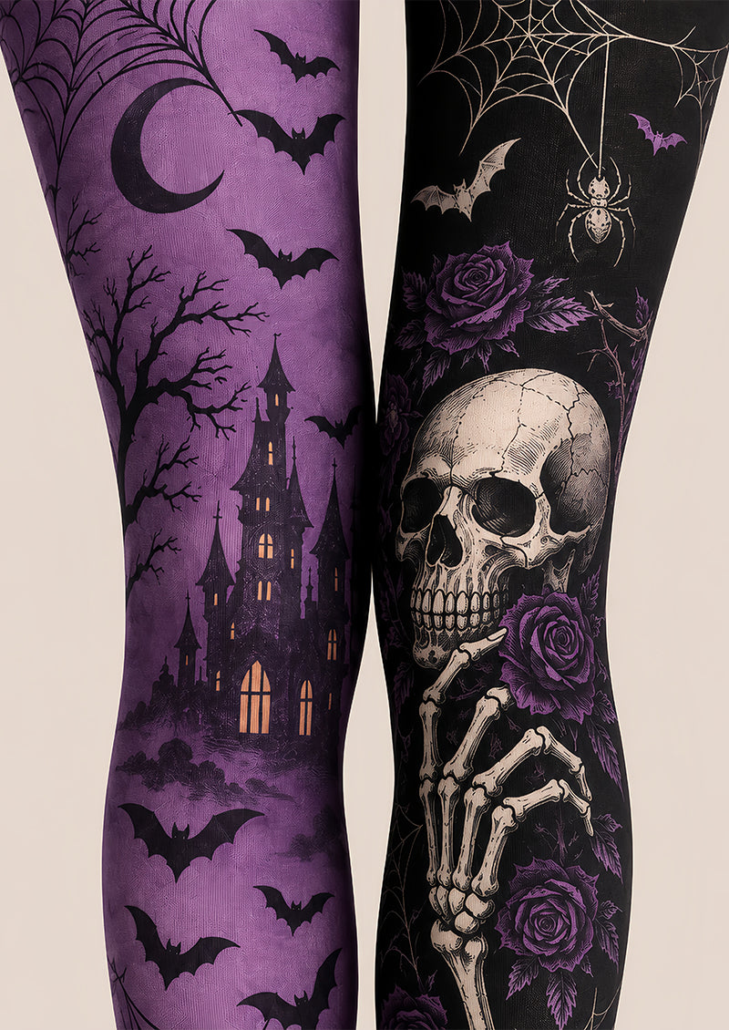 Gothic Halloween Tights Purple Skull Rose Pattern Pantyhose L67-22