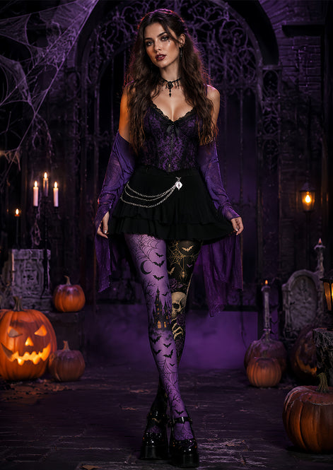 Gothic Tights Purple Skull Rose Pattern Pantyhose L67-22