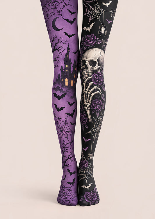 Gothic Halloween Tights Purple Skull Rose Pattern Pantyhose L67-22