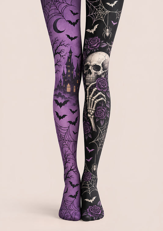 Gothic Halloween Tights Purple Skull Rose Pattern Pantyhose L67-22