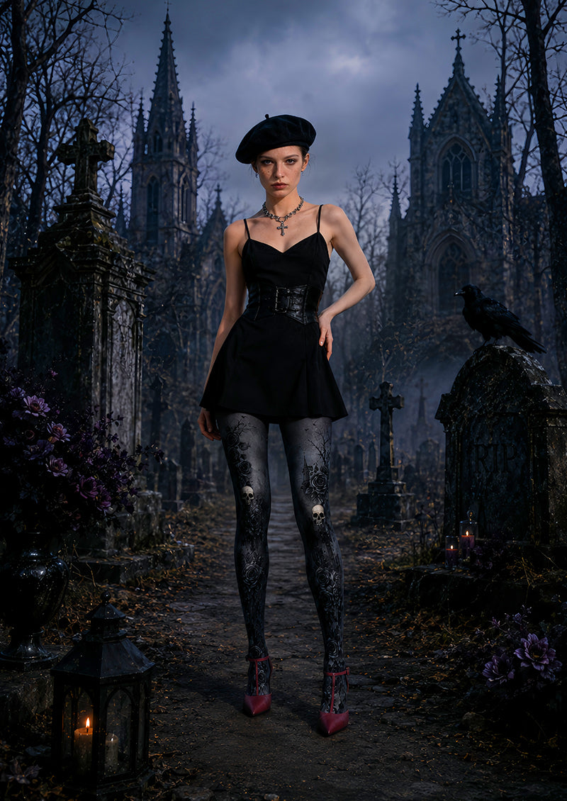 Black Rose Skull Halloween Cosplay Tights L67-24