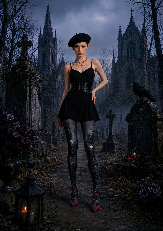 Black Rose Skull Halloween Cosplay Tights L67-24