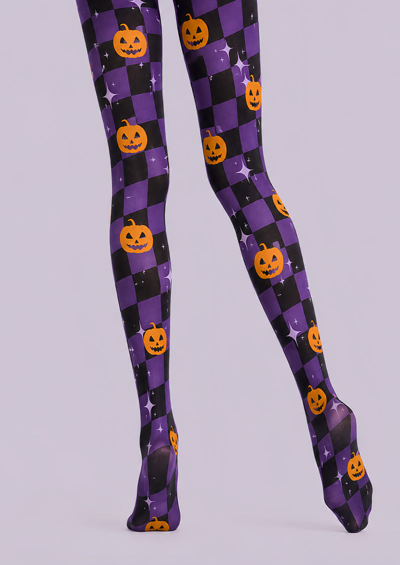 Purple Checkerboard Y2K Pumpkin Halloween Tights L67-26