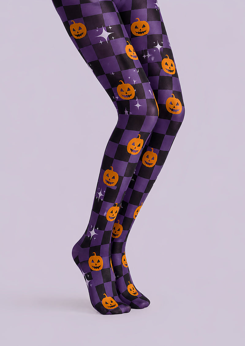 Purple Checkerboard Y2K Pumpkin Halloween Tights L67-26