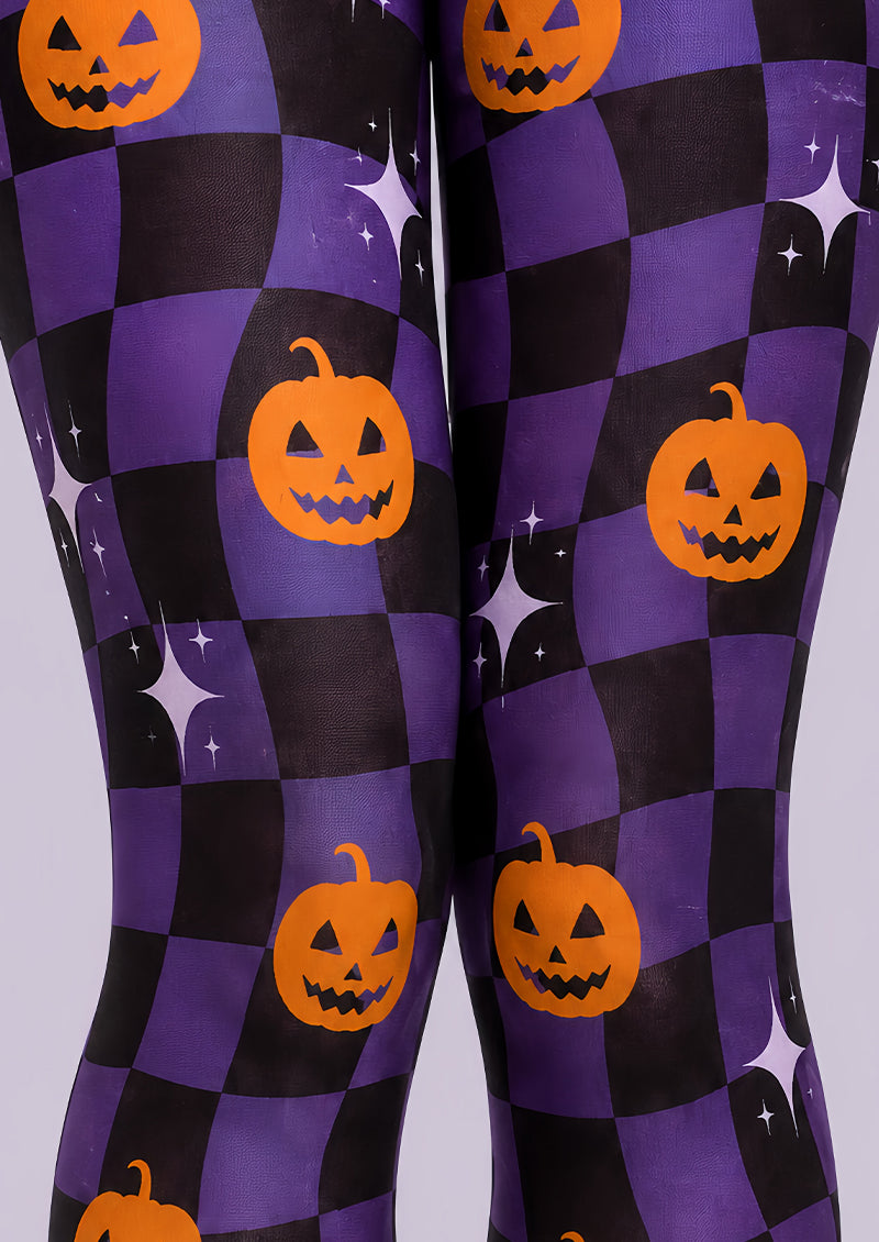 Purple Checkerboard Y2K Pumpkin Halloween Tights L67-26