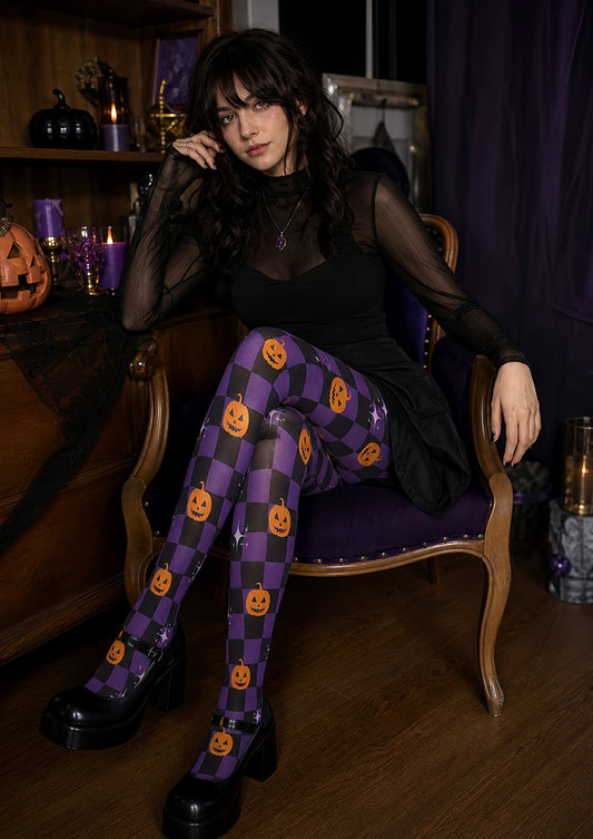 Purple Checkerboard Y2K Pumpkin Halloween Tights L67-26