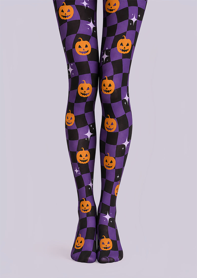 Purple Checkerboard Y2K Pumpkin Halloween Tights L67-26