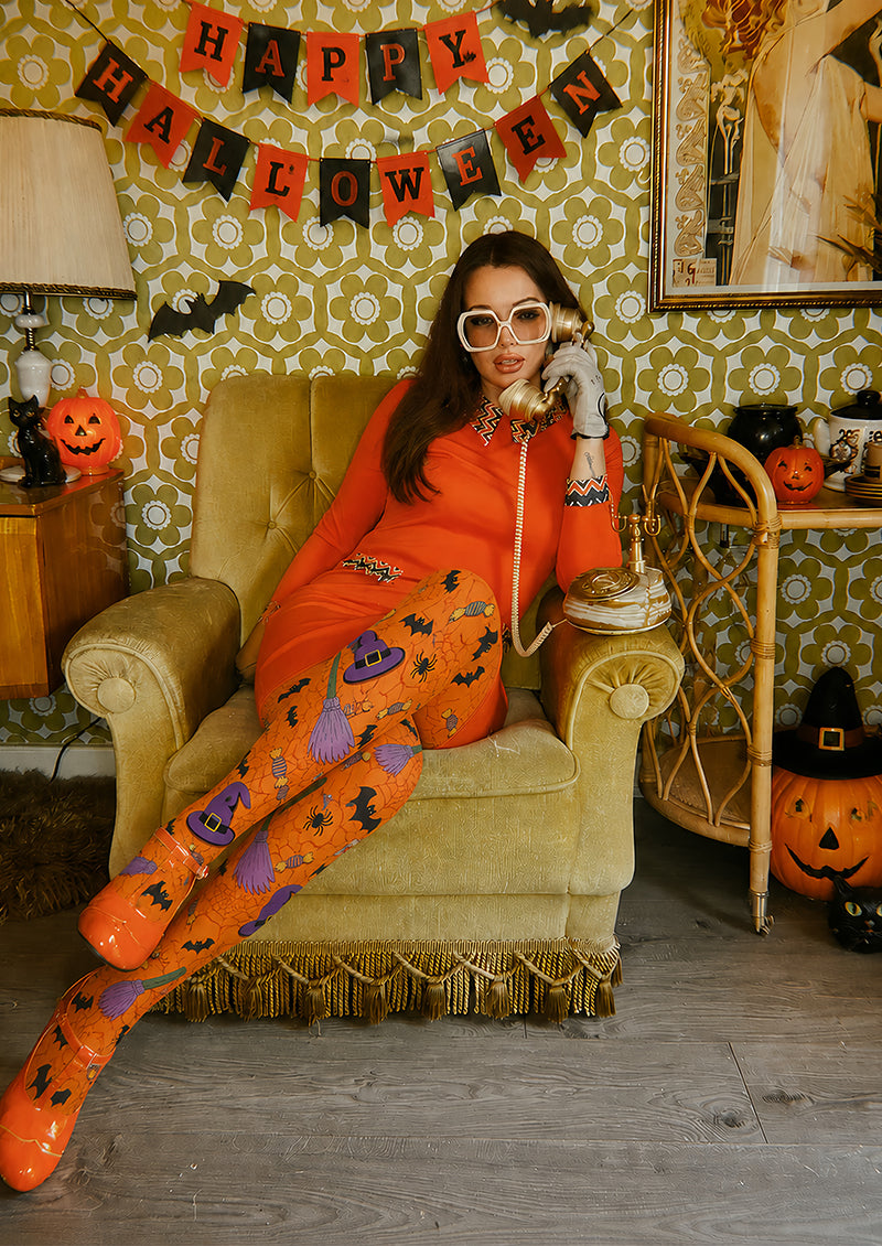 Orange Witch Hat Halloween Party Tights L67-27