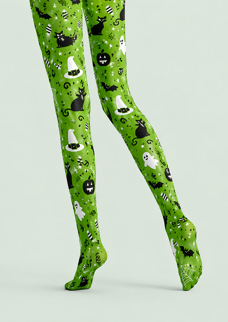 Cute Green Halloween Pantyhose Cat Ghost Bat Patterned Tights L67-30