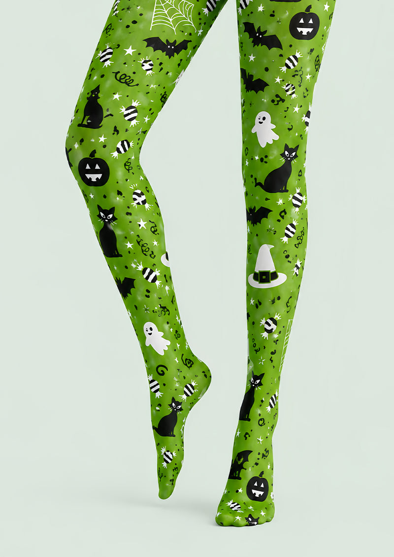 Cute Green Halloween Pantyhose Cat Ghost Bat Patterned Tights L67-30