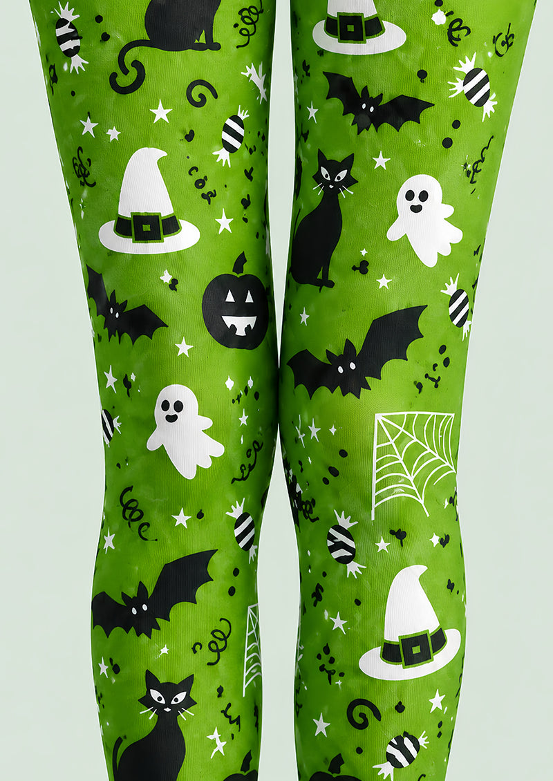 Cute Green Halloween Pantyhose Cat Ghost Bat Patterned Tights L67-30