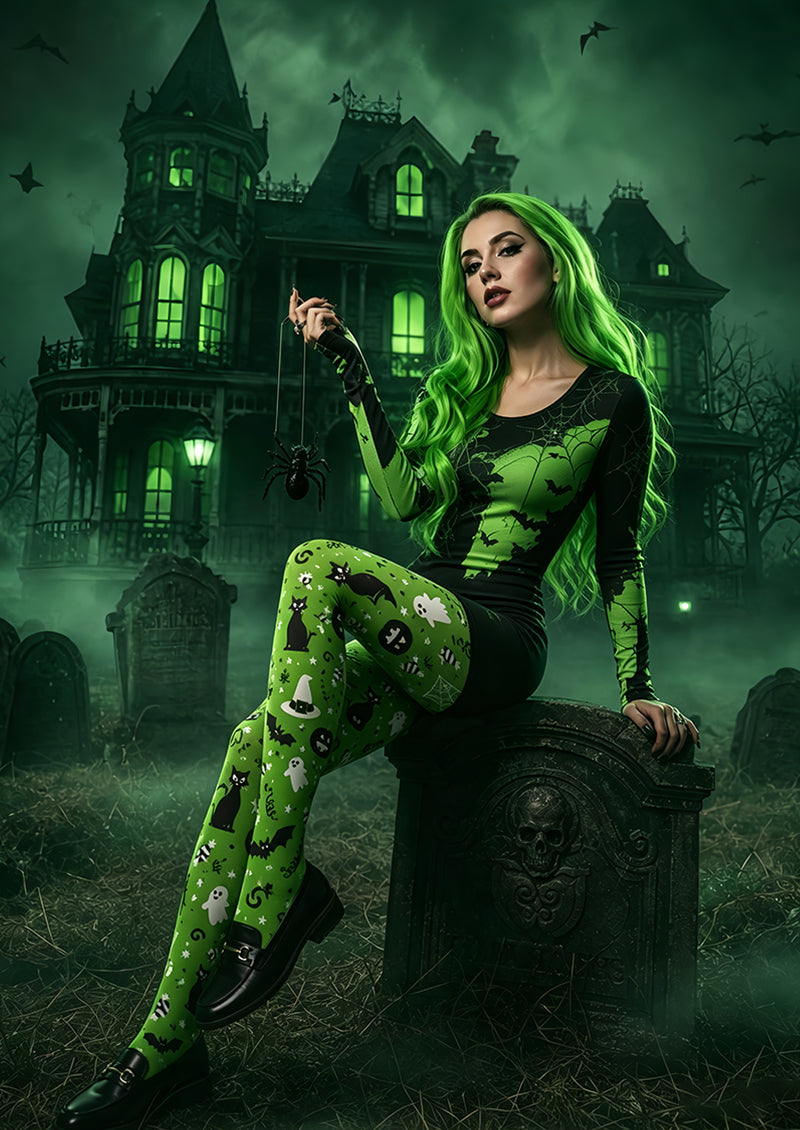 Cute Green Halloween Pantyhose Cat Ghost Bat Patterned Tights L67-30