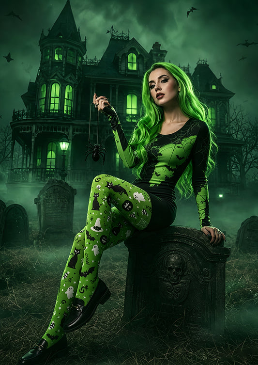 Cute Green Halloween Pantyhose Cat Ghost Bat Patterned Tights L67-30