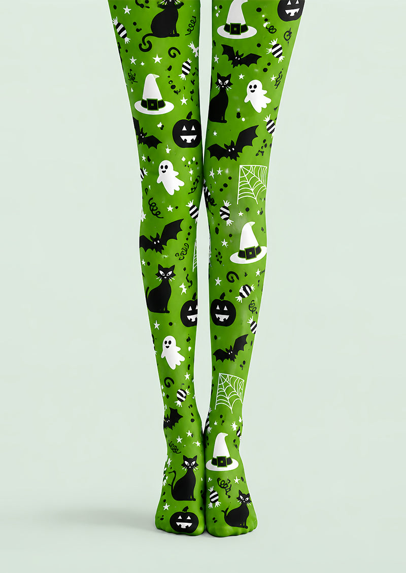 Cute Green Halloween Pantyhose Cat Ghost Bat Patterned Tights L67-30
