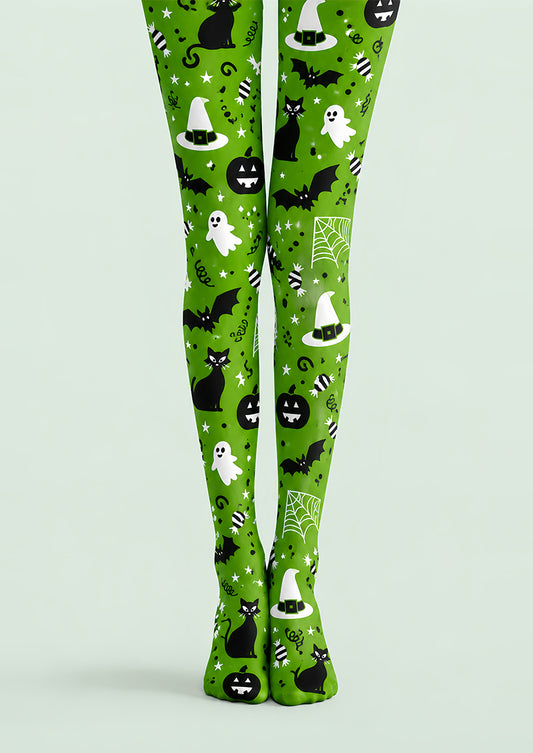 Cute Green Halloween Pantyhose Cat Ghost Bat Patterned Tights L67-30