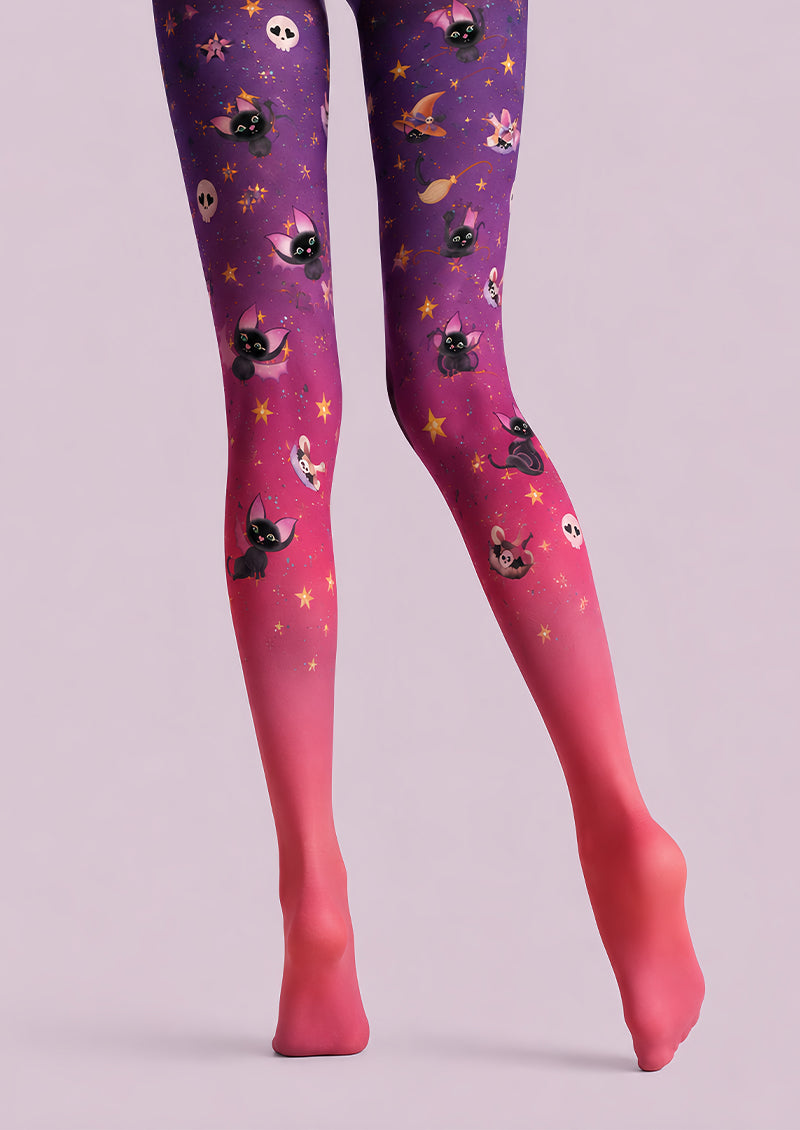 Pink Witch Cat Halloween Patterned Tights L67-31