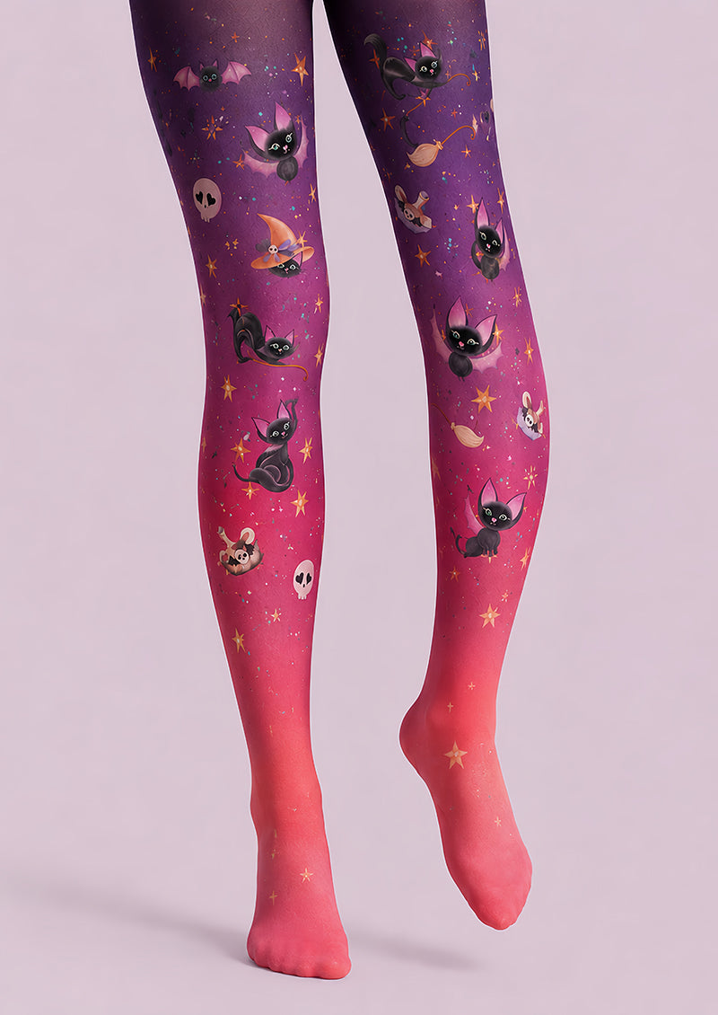 Pink Witch Cat Halloween Patterned Tights L67-31