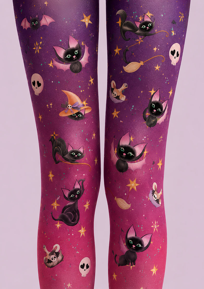 Pink Witch Cat Halloween Patterned Tights L67-31