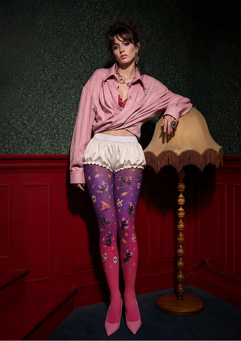 Pink Witch Cat Halloween Patterned Tights L67-31
