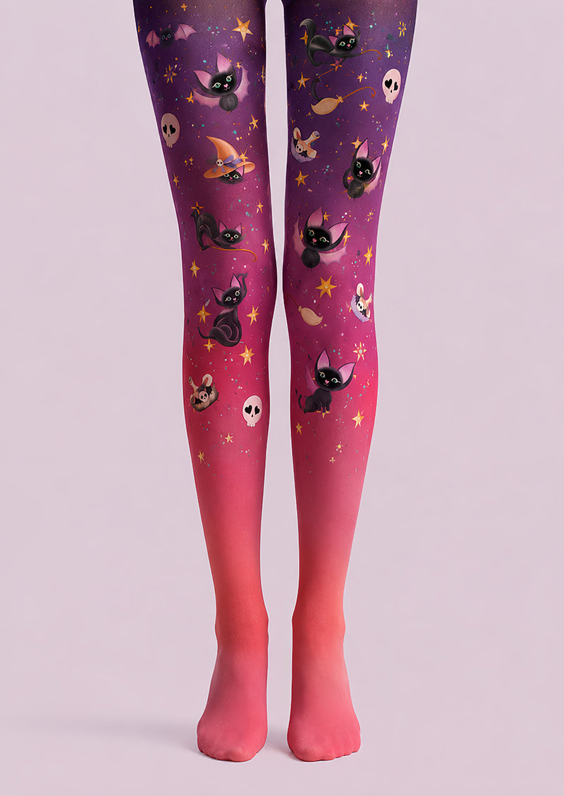 Pink Witch Cat Halloween Patterned Tights L67-31
