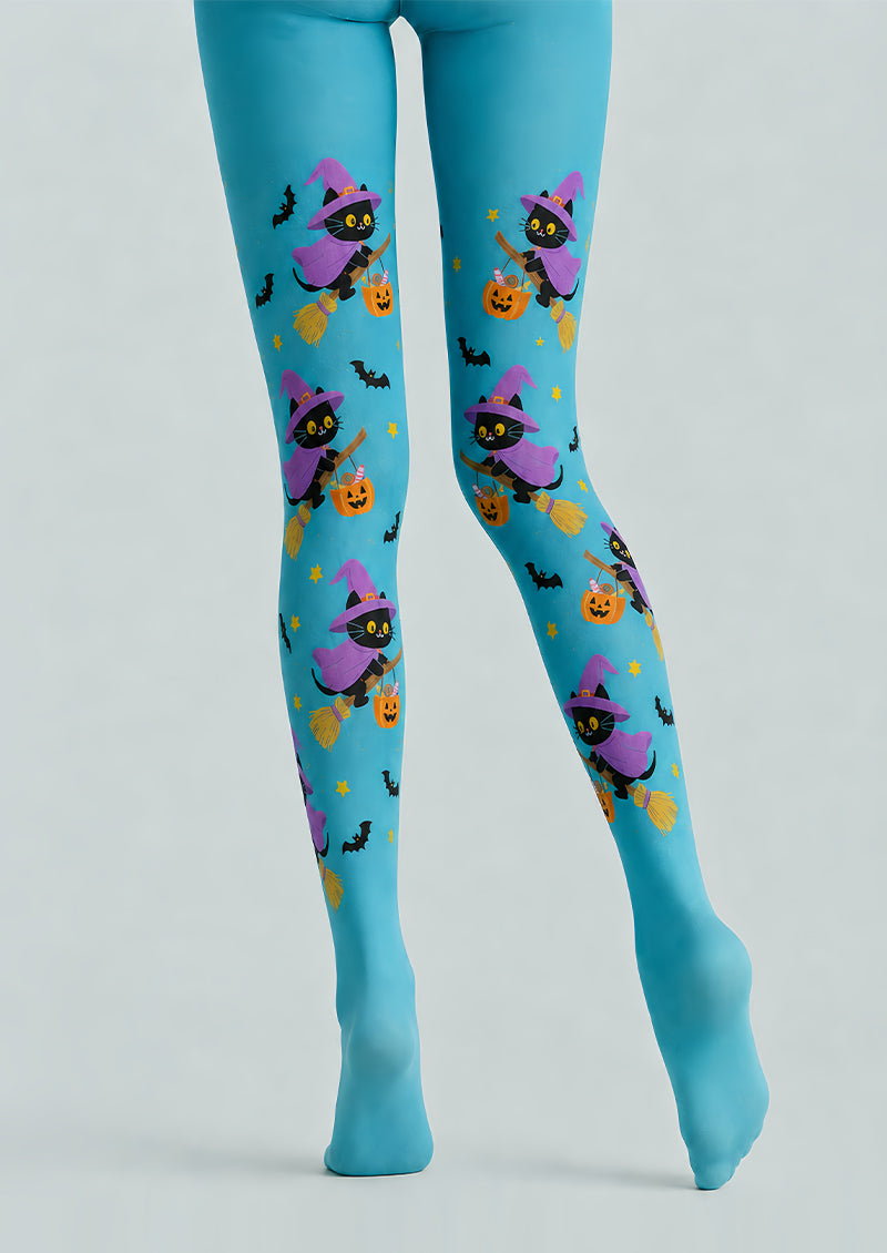 Flying Cat Broom Halloween Festival Blue Tights L67-35