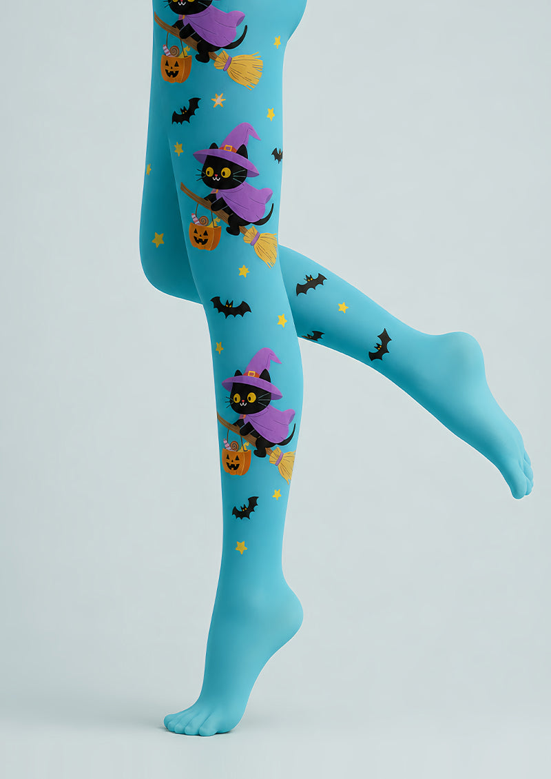 Flying Cat Broom Halloween Festival Blue Tights L67-35