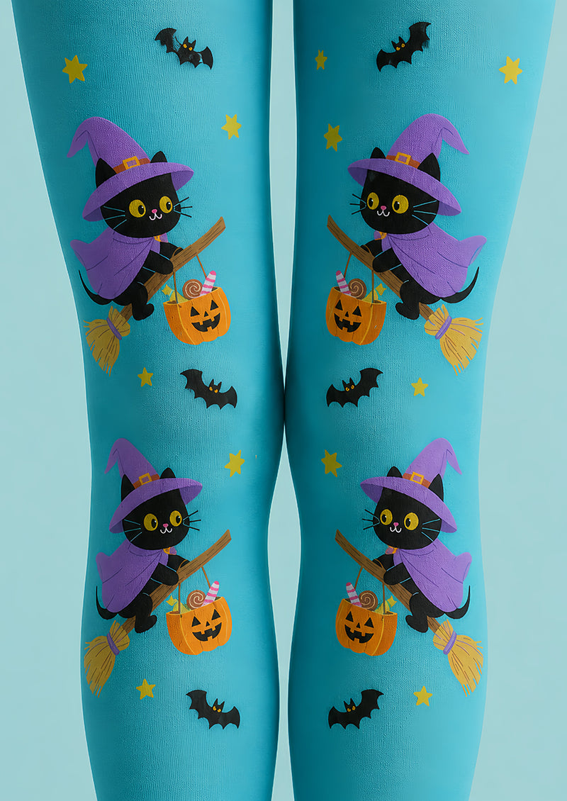 Flying Cat Broom Halloween Festival Blue Tights L67-35