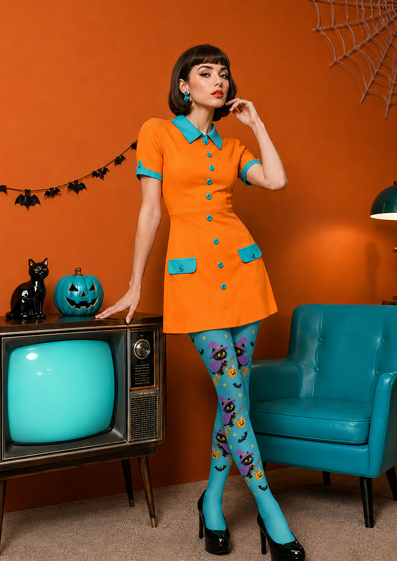 Flying Cat Broom Halloween Festival Blue Tights L67-35