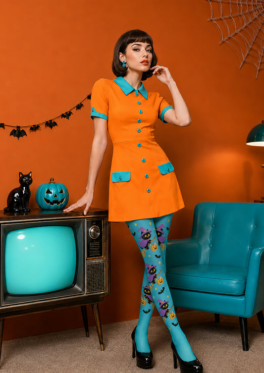 Flying Cat Broom Halloween Festival Blue Tights L67-35