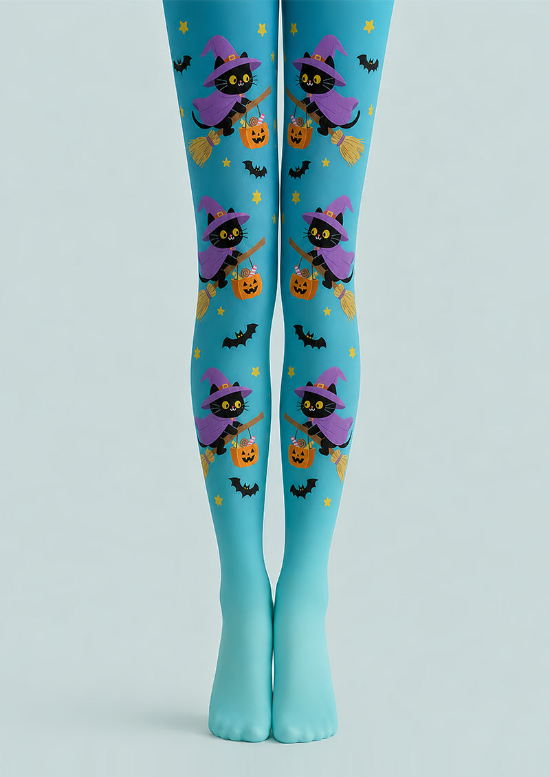 Flying Cat Broom Halloween Festival Blue Tights L67-35