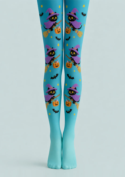 Flying Cat Broom Halloween Festival Blue Tights L67-35