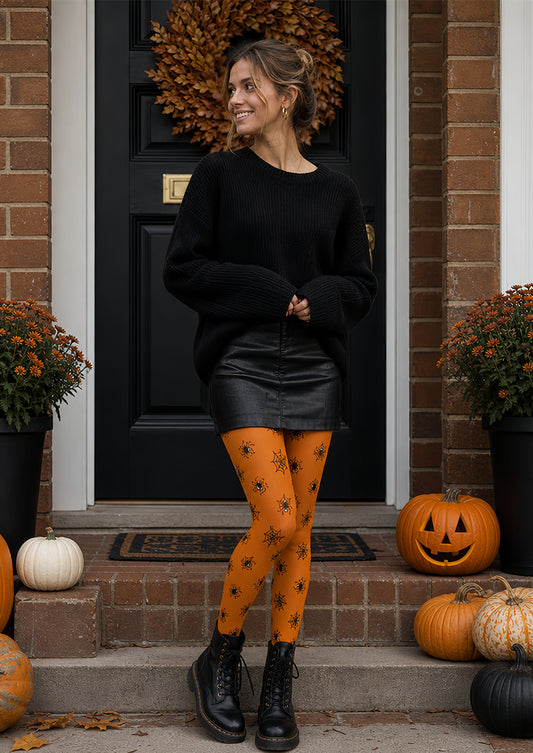 Orange Spider Web Halloween Party Patterned Tights L67-36