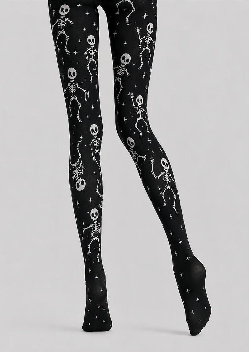 Dancing Skeleton Halloween Patterned Black Tights L67-37