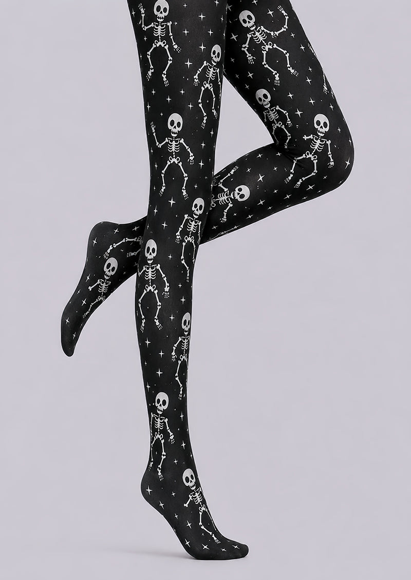 Dancing Skeleton Halloween Patterned Black Tights L67-37