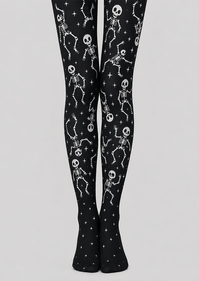 Dancing Skeleton Halloween Patterned Black Tights L67-37
