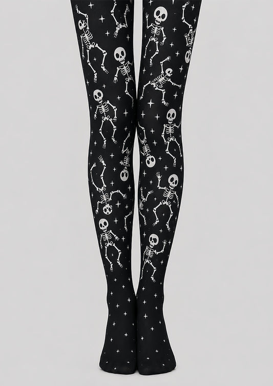 Dancing Skeleton Halloween Patterned Black Tights L67-37