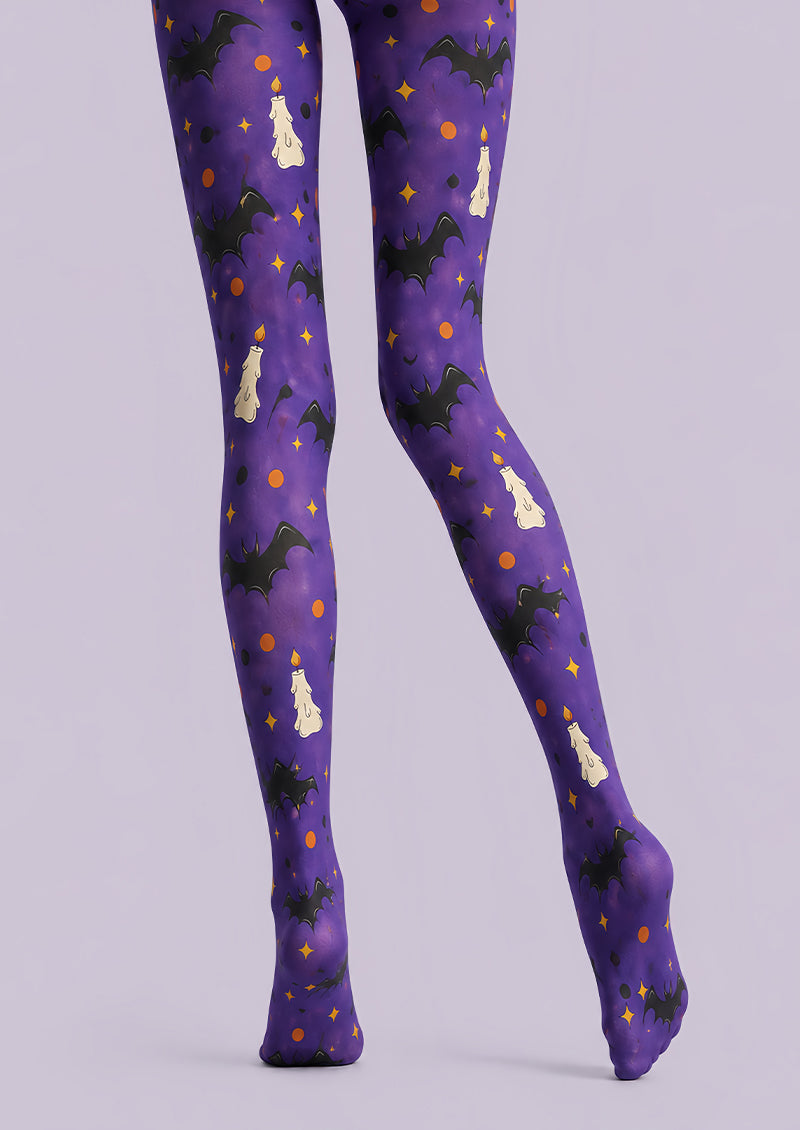 Spooky Candle Bat Purple Printed Tights Pantyhose L67-40